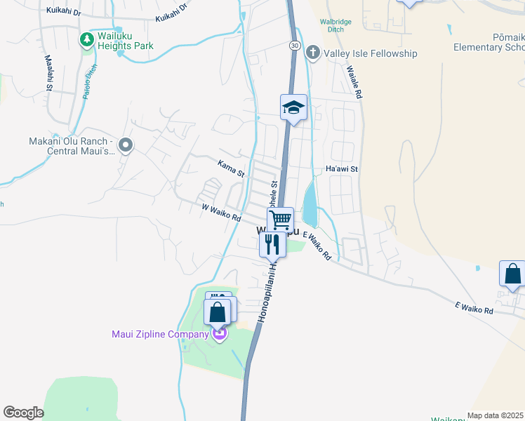 map of restaurants, bars, coffee shops, grocery stores, and more near 41 Kanawai Street in Wailuku
