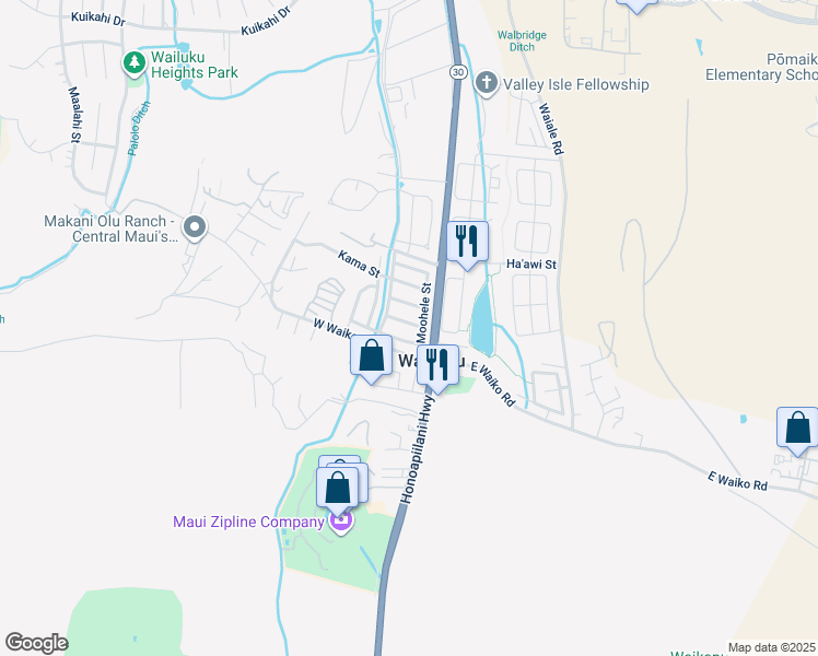 map of restaurants, bars, coffee shops, grocery stores, and more near 41 Kanawai Street in Wailuku