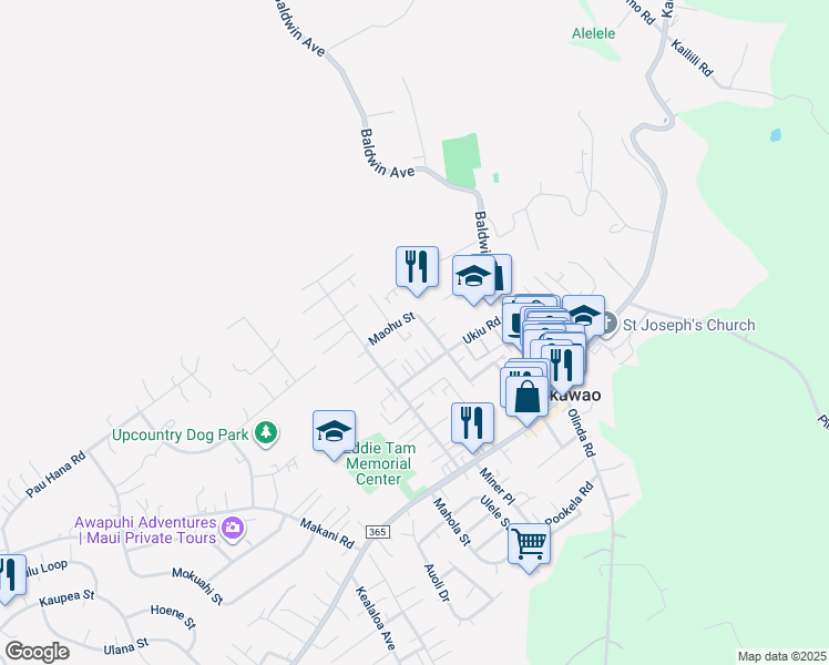 map of restaurants, bars, coffee shops, grocery stores, and more near 182 South Makaleha Place in Makawao