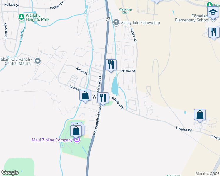 map of restaurants, bars, coffee shops, grocery stores, and more near 165 Kamaha'o Circle in Wailuku