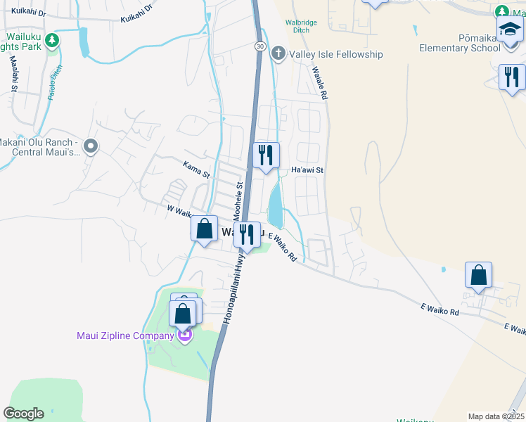 map of restaurants, bars, coffee shops, grocery stores, and more near 165 Kamaha'o Circle in Wailuku