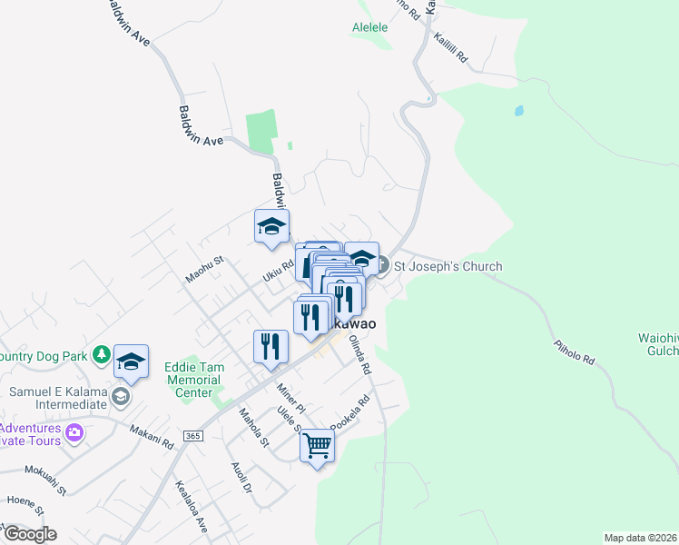 map of restaurants, bars, coffee shops, grocery stores, and more near 1268 Pohuli Way in Makawao