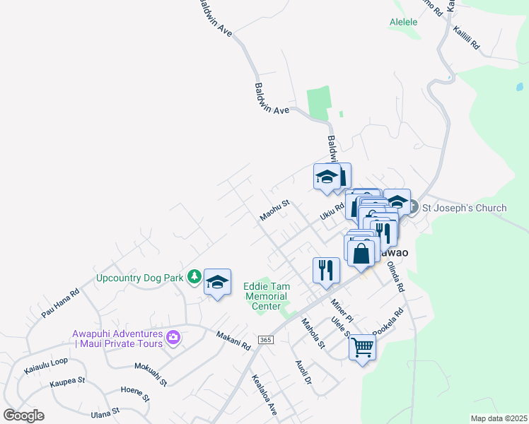 map of restaurants, bars, coffee shops, grocery stores, and more near 1031 Maohu Street in Makawao