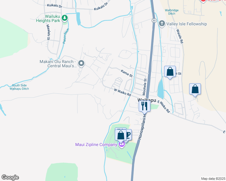 map of restaurants, bars, coffee shops, grocery stores, and more near 1418 Honua Place in Wailuku