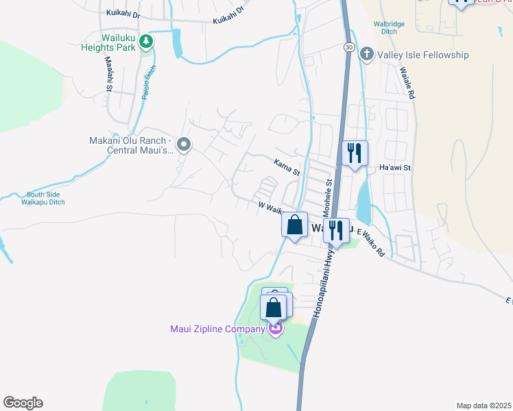 map of restaurants, bars, coffee shops, grocery stores, and more near 1418 Honua Place in Wailuku