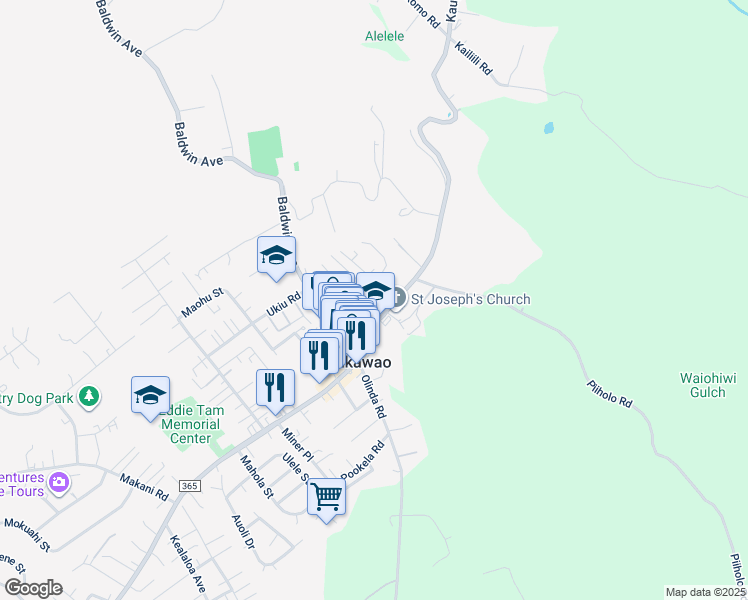 map of restaurants, bars, coffee shops, grocery stores, and more near 3596 Burns Place in Makawao