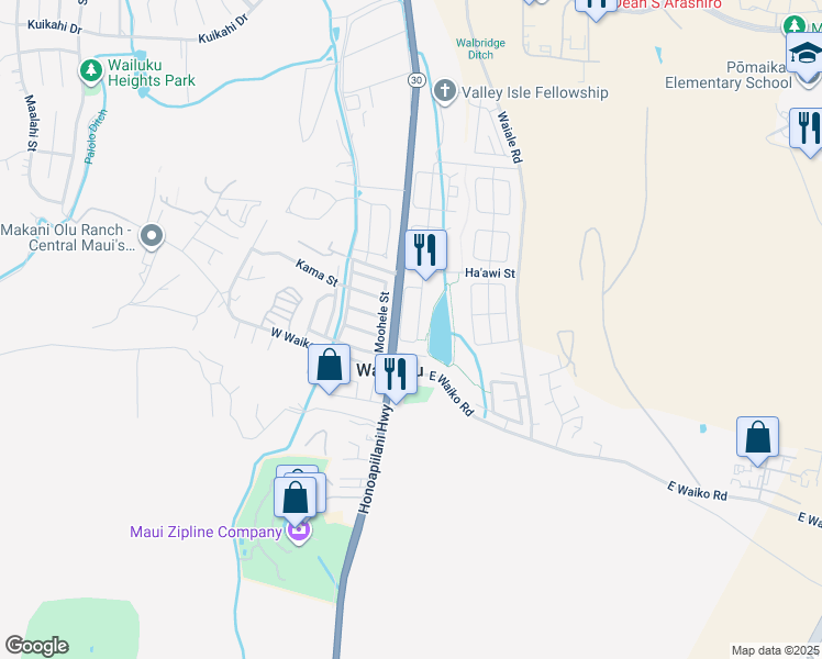 map of restaurants, bars, coffee shops, grocery stores, and more near 158 Kamaha'o Circle in Wailuku