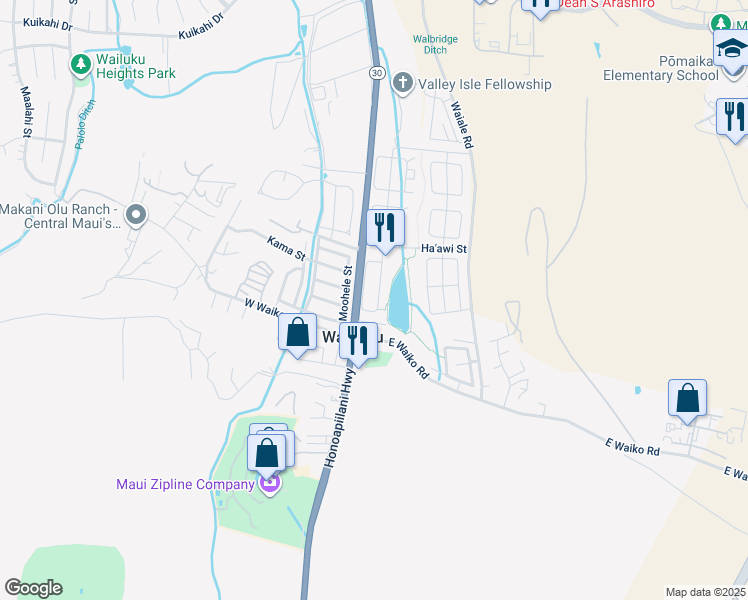 map of restaurants, bars, coffee shops, grocery stores, and more near 158 Kamaha'o Circle in Wailuku