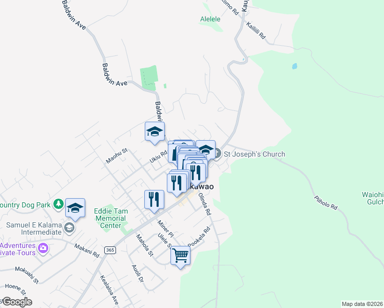 map of restaurants, bars, coffee shops, grocery stores, and more near 1268 Pohuli Way in Makawao