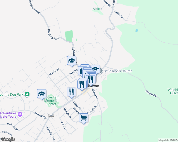 map of restaurants, bars, coffee shops, grocery stores, and more near 3624 Piikea Place in Makawao