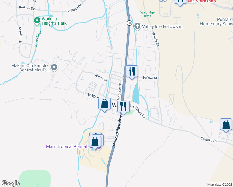 map of restaurants, bars, coffee shops, grocery stores, and more near 25 Kanawai Street in Wailuku