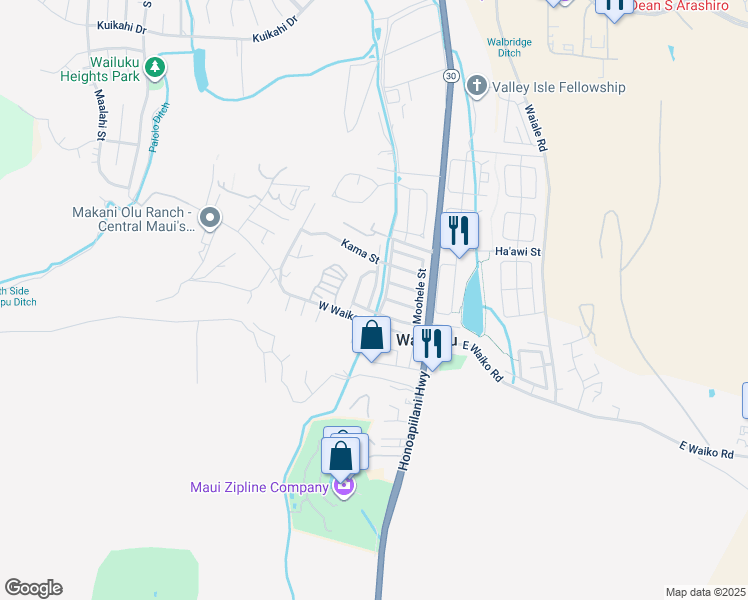 map of restaurants, bars, coffee shops, grocery stores, and more near 1389 Kawika Street in Wailuku