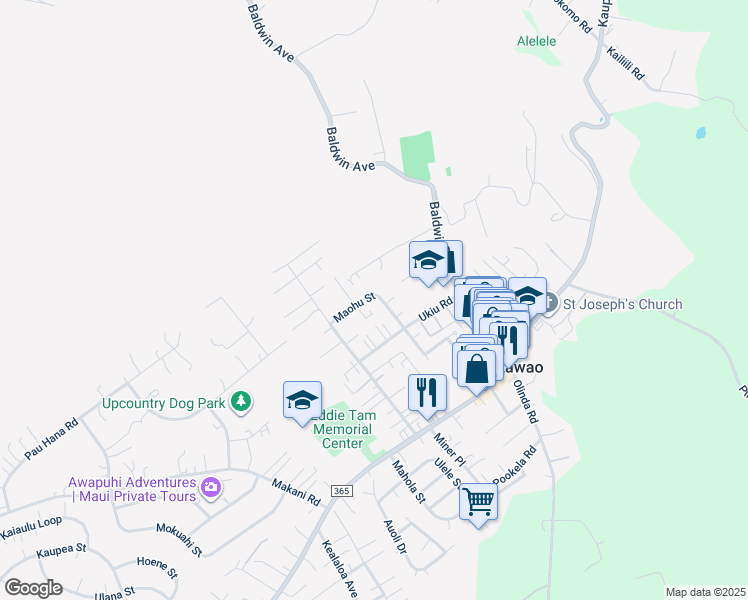 map of restaurants, bars, coffee shops, grocery stores, and more near 1074 Maohu Street in Makawao