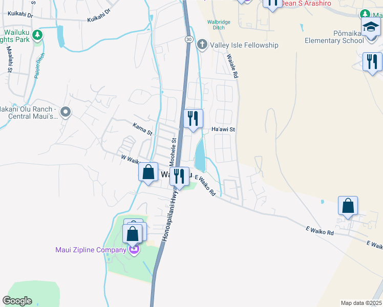 map of restaurants, bars, coffee shops, grocery stores, and more near 153 Kamaha'o Circle in Wailuku