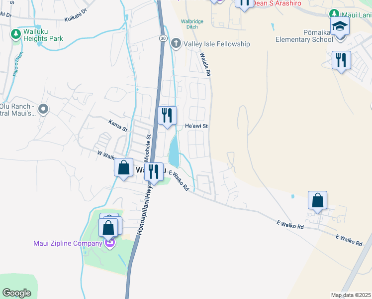 map of restaurants, bars, coffee shops, grocery stores, and more near 73 Nokekula Loop in Wailuku