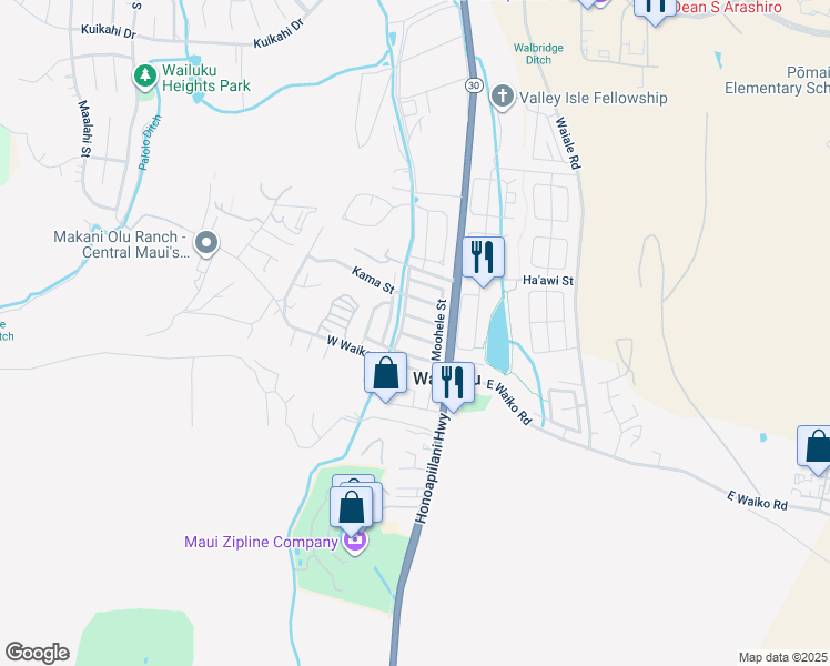 map of restaurants, bars, coffee shops, grocery stores, and more near 58 Kanawai Street in Wailuku