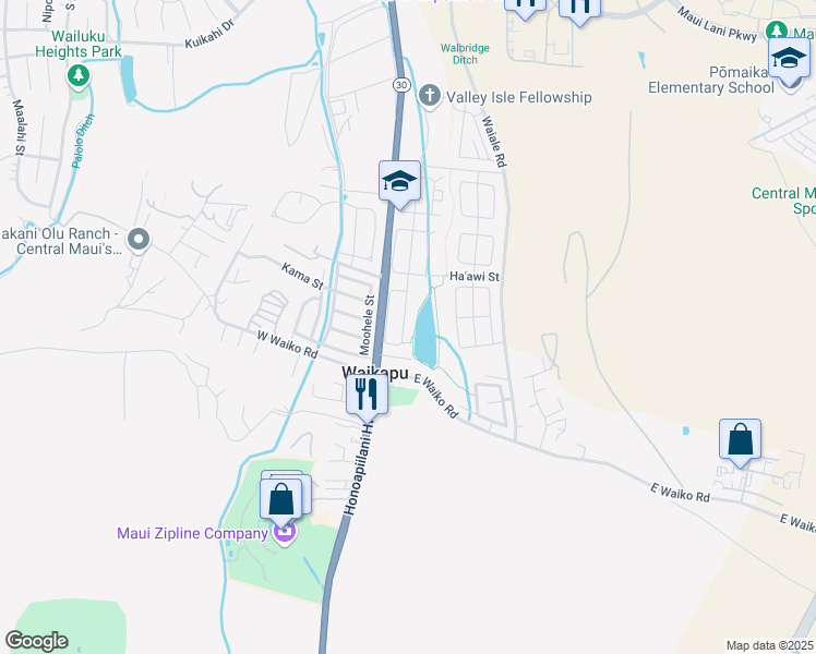 map of restaurants, bars, coffee shops, grocery stores, and more near 153 Kamaha'o Circle in Wailuku
