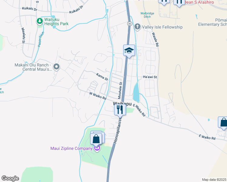 map of restaurants, bars, coffee shops, grocery stores, and more near 58 Kanawai Street in Wailuku