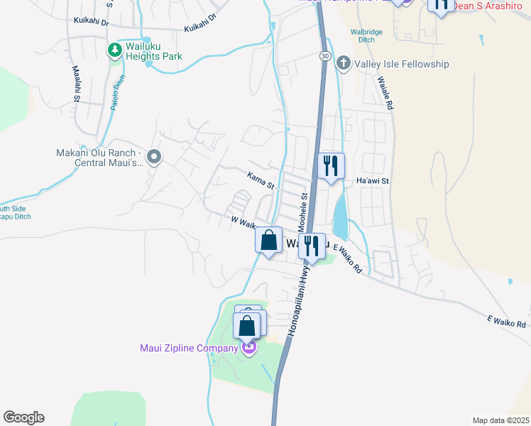 map of restaurants, bars, coffee shops, grocery stores, and more near 1388 Kawika Street in Wailuku
