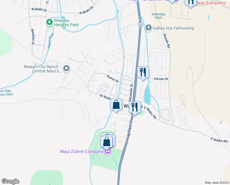 map of restaurants, bars, coffee shops, grocery stores, and more near 1388 Kawika Street in Wailuku