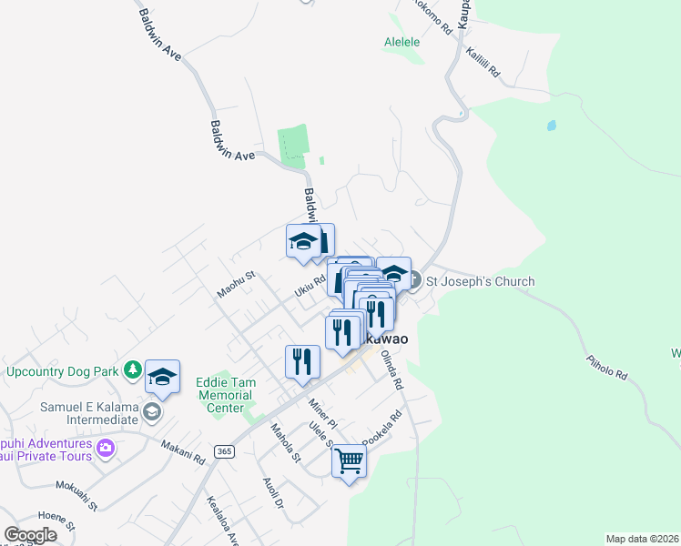 map of restaurants, bars, coffee shops, grocery stores, and more near 3543 Baldwin Avenue in Makawao