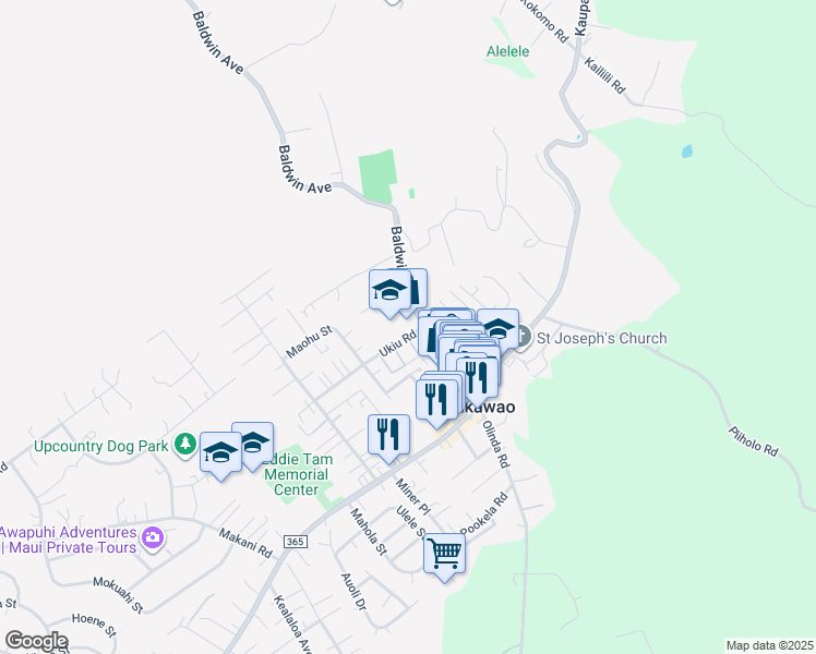 map of restaurants, bars, coffee shops, grocery stores, and more near 1163 Ukiu Road in Makawao