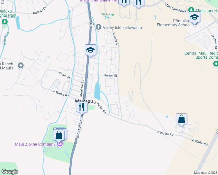 map of restaurants, bars, coffee shops, grocery stores, and more near 231 Uhaloa Street in Wailuku