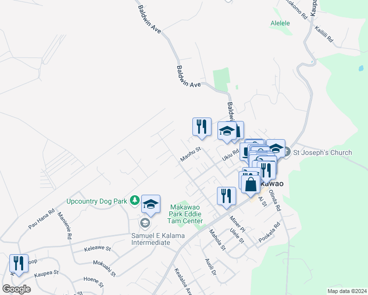 map of restaurants, bars, coffee shops, grocery stores, and more near 217 North Makaleha Place in Makawao
