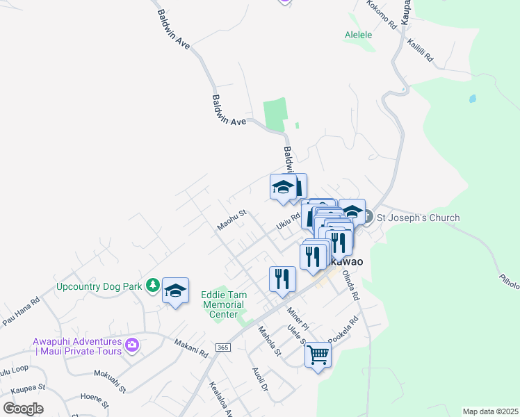 map of restaurants, bars, coffee shops, grocery stores, and more near 1097 Mailuna Place in Makawao
