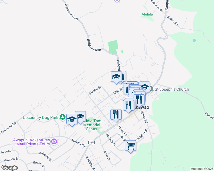 map of restaurants, bars, coffee shops, grocery stores, and more near 1097 Mailuna Place in Makawao