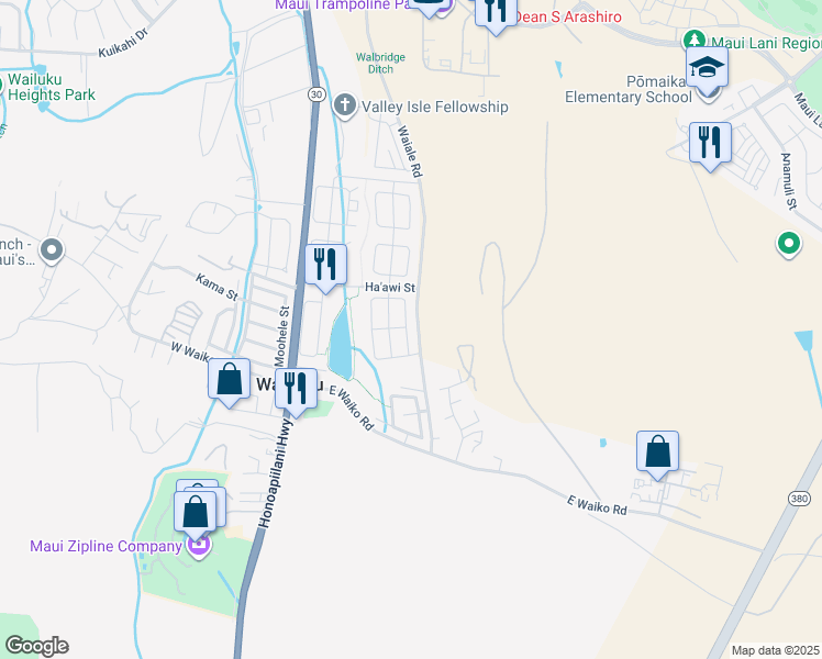 map of restaurants, bars, coffee shops, grocery stores, and more near 183 Iniiniki Street in Wailuku