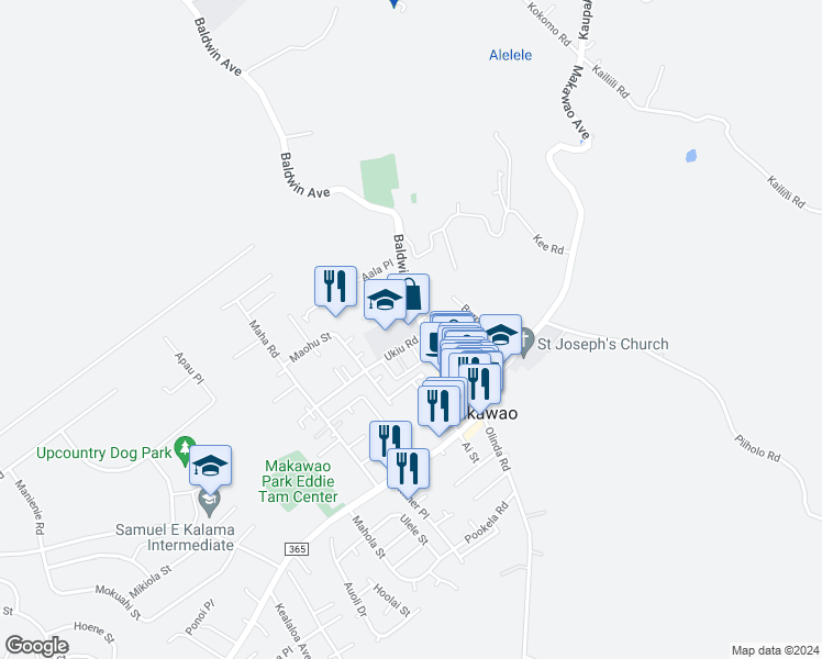 map of restaurants, bars, coffee shops, grocery stores, and more near 1199 Ukiu Road in Makawao