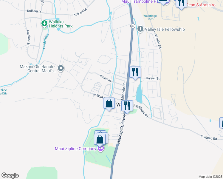 map of restaurants, bars, coffee shops, grocery stores, and more near 1367 Kawika Street in Wailuku