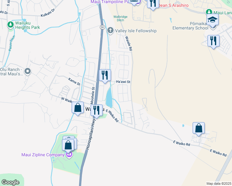 map of restaurants, bars, coffee shops, grocery stores, and more near 85 Nokekula Loop in Wailuku