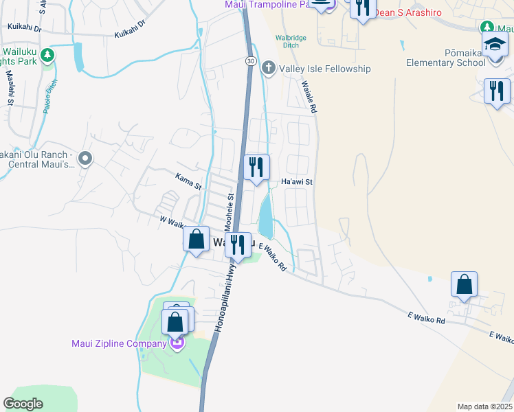 map of restaurants, bars, coffee shops, grocery stores, and more near 129 Kamaha'o Circle in Wailuku