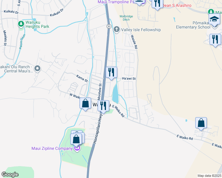 map of restaurants, bars, coffee shops, grocery stores, and more near 141 Kamaha'o Circle in Wailuku
