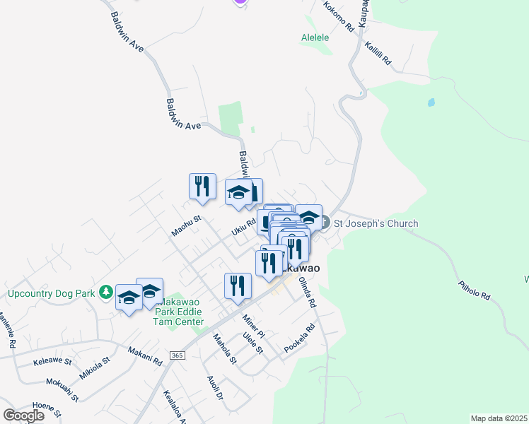 map of restaurants, bars, coffee shops, grocery stores, and more near 3555 Baldwin Avenue in Makawao