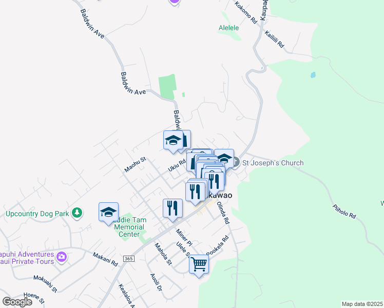 map of restaurants, bars, coffee shops, grocery stores, and more near 3553 Baldwin Avenue in Makawao