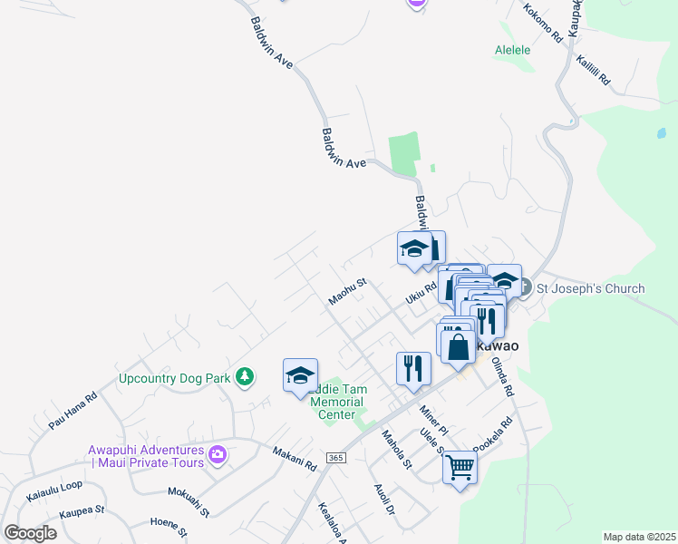 map of restaurants, bars, coffee shops, grocery stores, and more near 222 North Makaleha Place in Makawao