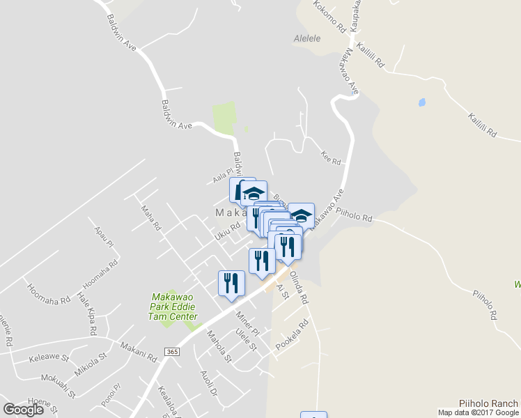 map of restaurants, bars, coffee shops, grocery stores, and more near 3553 Baldwin Avenue in Makawao