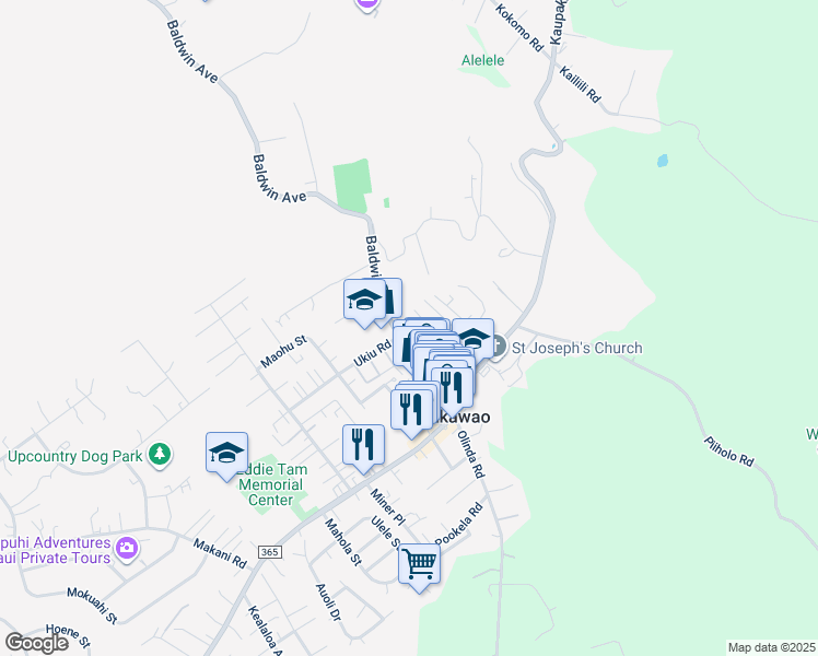 map of restaurants, bars, coffee shops, grocery stores, and more near 3553 Baldwin Avenue in Makawao