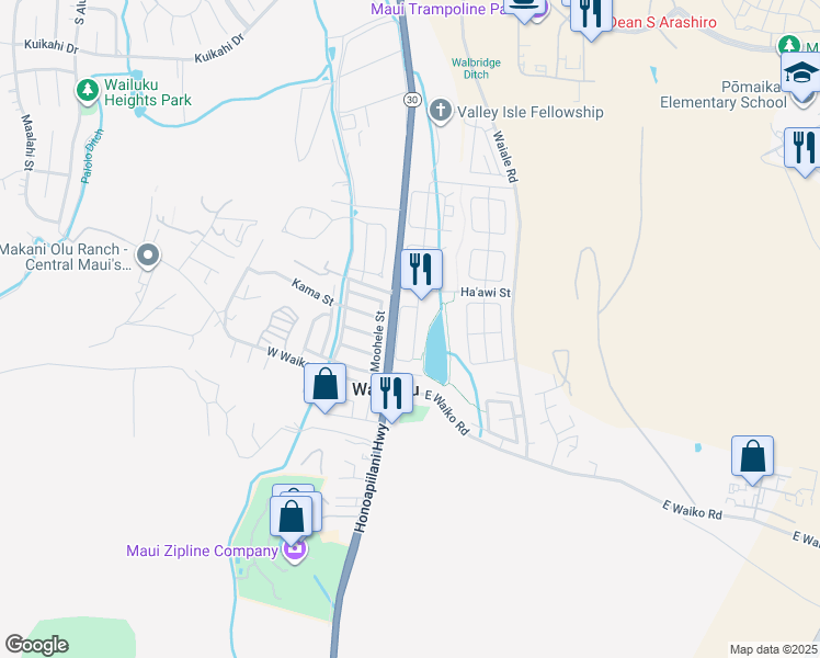 map of restaurants, bars, coffee shops, grocery stores, and more near 138 Kamaha'o Circle in Wailuku