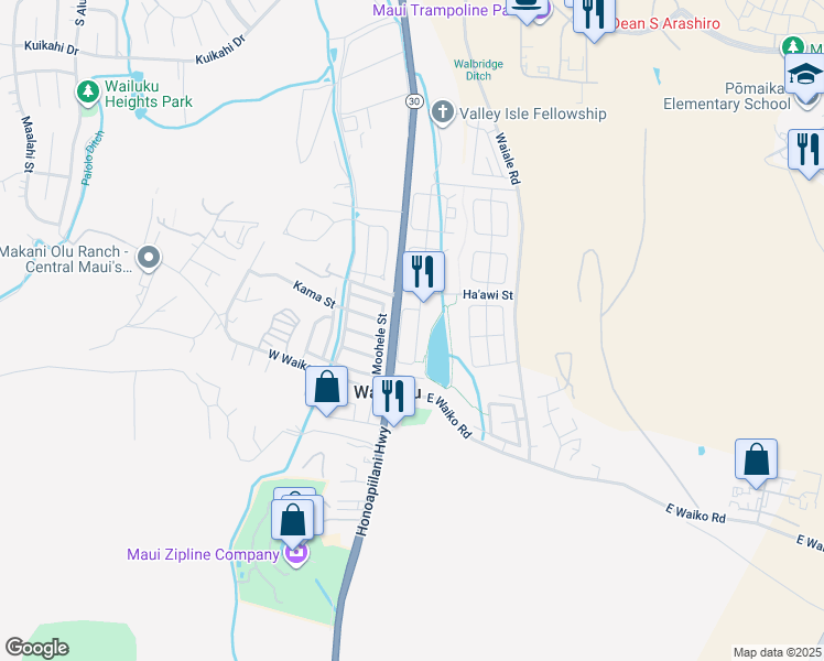 map of restaurants, bars, coffee shops, grocery stores, and more near 138 Kamaha'o Circle in Wailuku