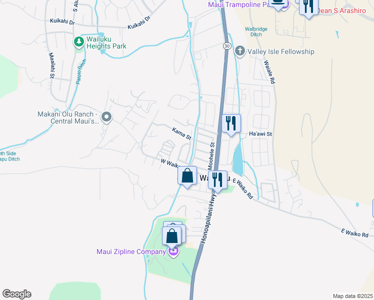 map of restaurants, bars, coffee shops, grocery stores, and more near 1366 Kawika Street in Wailuku