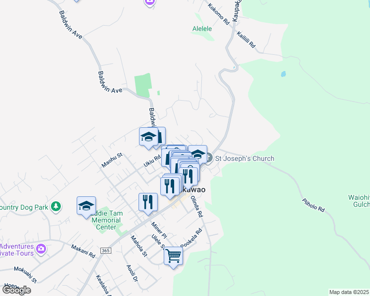 map of restaurants, bars, coffee shops, grocery stores, and more near 3525 Burns Place in Makawao