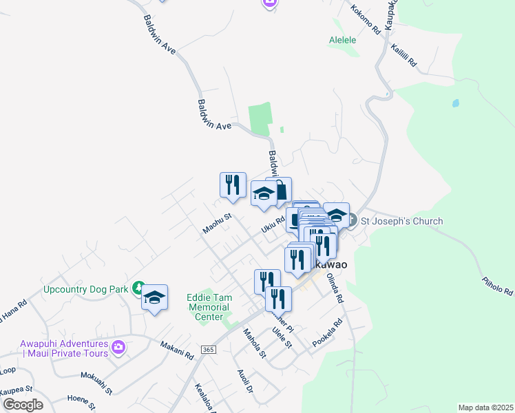 map of restaurants, bars, coffee shops, grocery stores, and more near 1154 Freitas Place in Makawao
