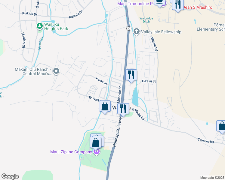 map of restaurants, bars, coffee shops, grocery stores, and more near 64 Keapua Street in Wailuku