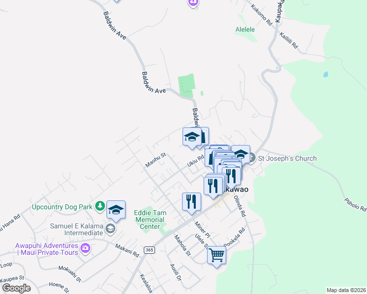 map of restaurants, bars, coffee shops, grocery stores, and more near 1154 Freitas Place in Makawao