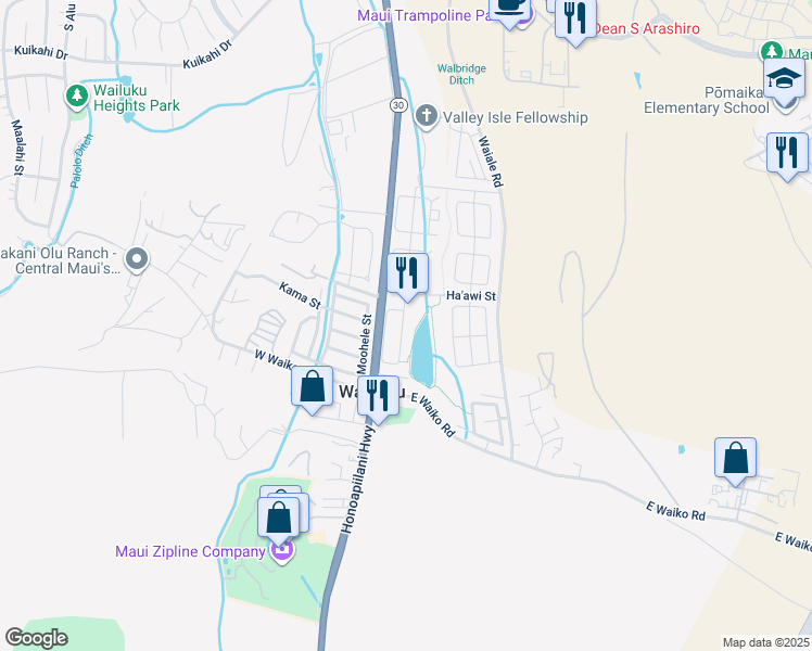 map of restaurants, bars, coffee shops, grocery stores, and more near 133 Kamaha'o Circle in Wailuku