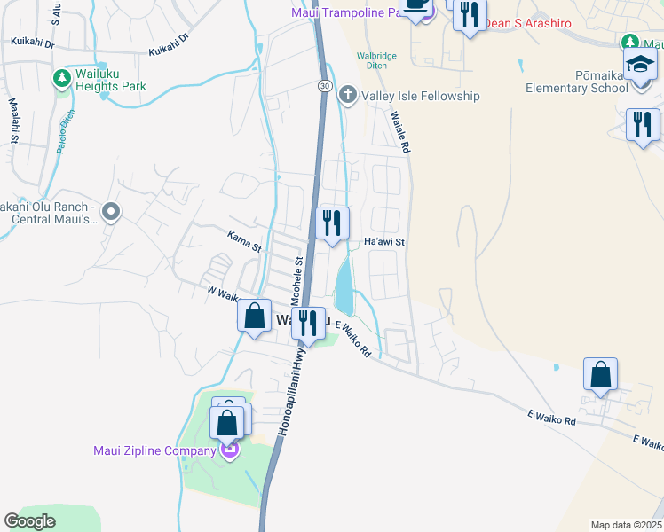 map of restaurants, bars, coffee shops, grocery stores, and more near 133 Kamaha'o Circle in Wailuku